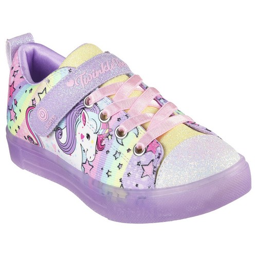 Translucent light-up midsole and outsole Bigger kids' sizes feature on/off light button Toddler sizes do not feature light button Design Details Unicorn print canvas upper with glitter finished tongue and toe cap Stretch-lace front with instep strap closure 1-inch heel Twinkle Toes® logo detail