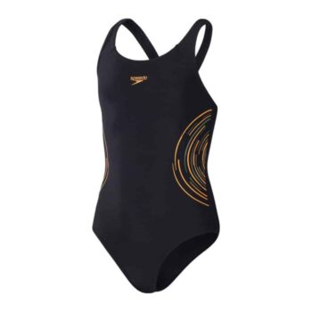Speedo Girls Placmement Muscleback Swimsuit - Black/Orange/Green