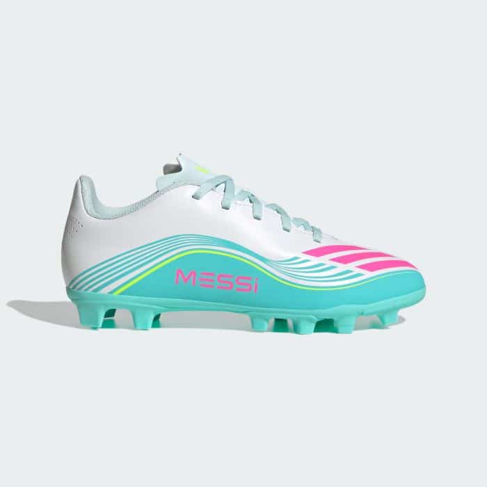 adidas Messi F50 Club FG Kids Football Boots - White/Pink/Aqua