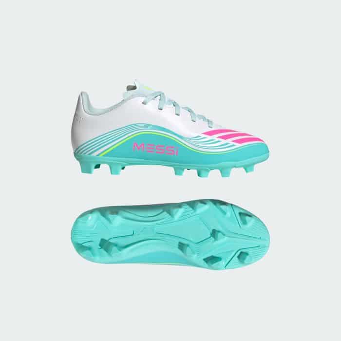 adidas Messi F50 Club FG Kids Football Boots - White/Pink/Aqua - Image 4